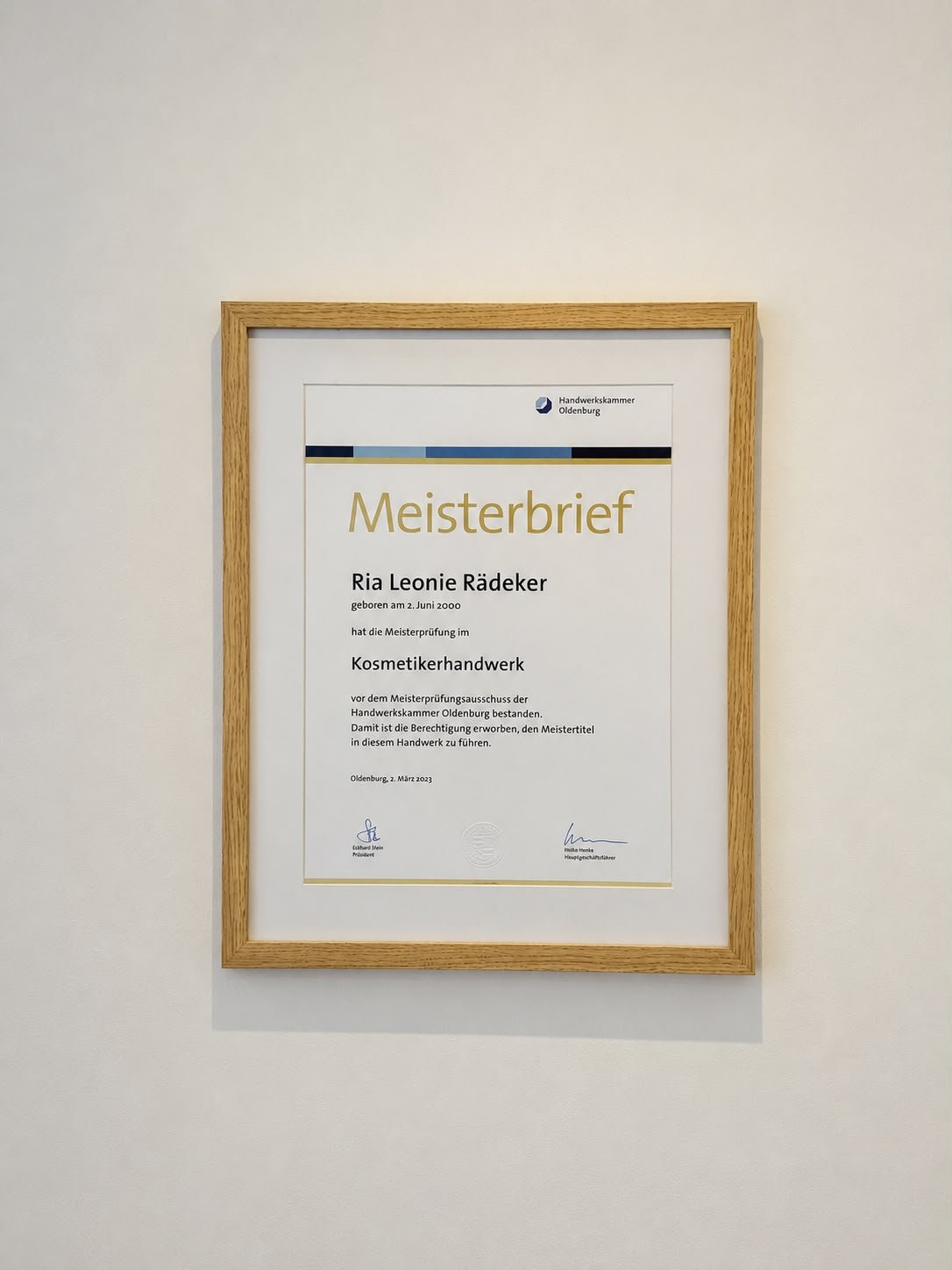 Meisterbrief von Ria Leonie Rädeker im Kosmetikerhandwerk