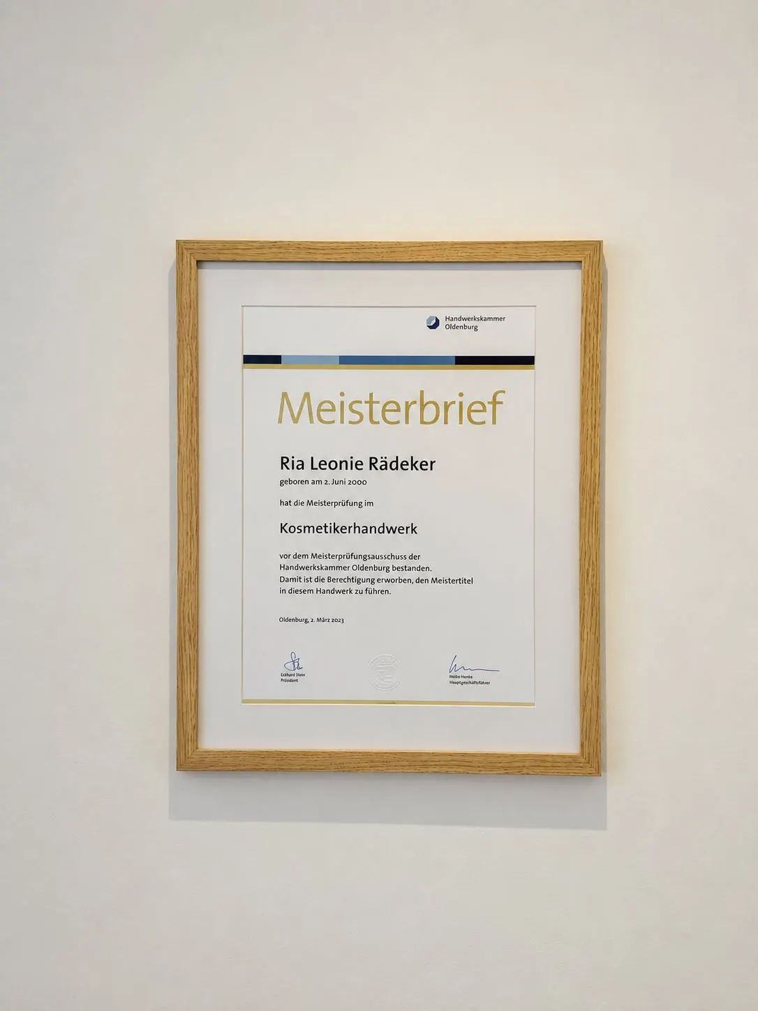 Meisterbrief von Ria Leonie Rädeker im Kosmetikerhandwerk